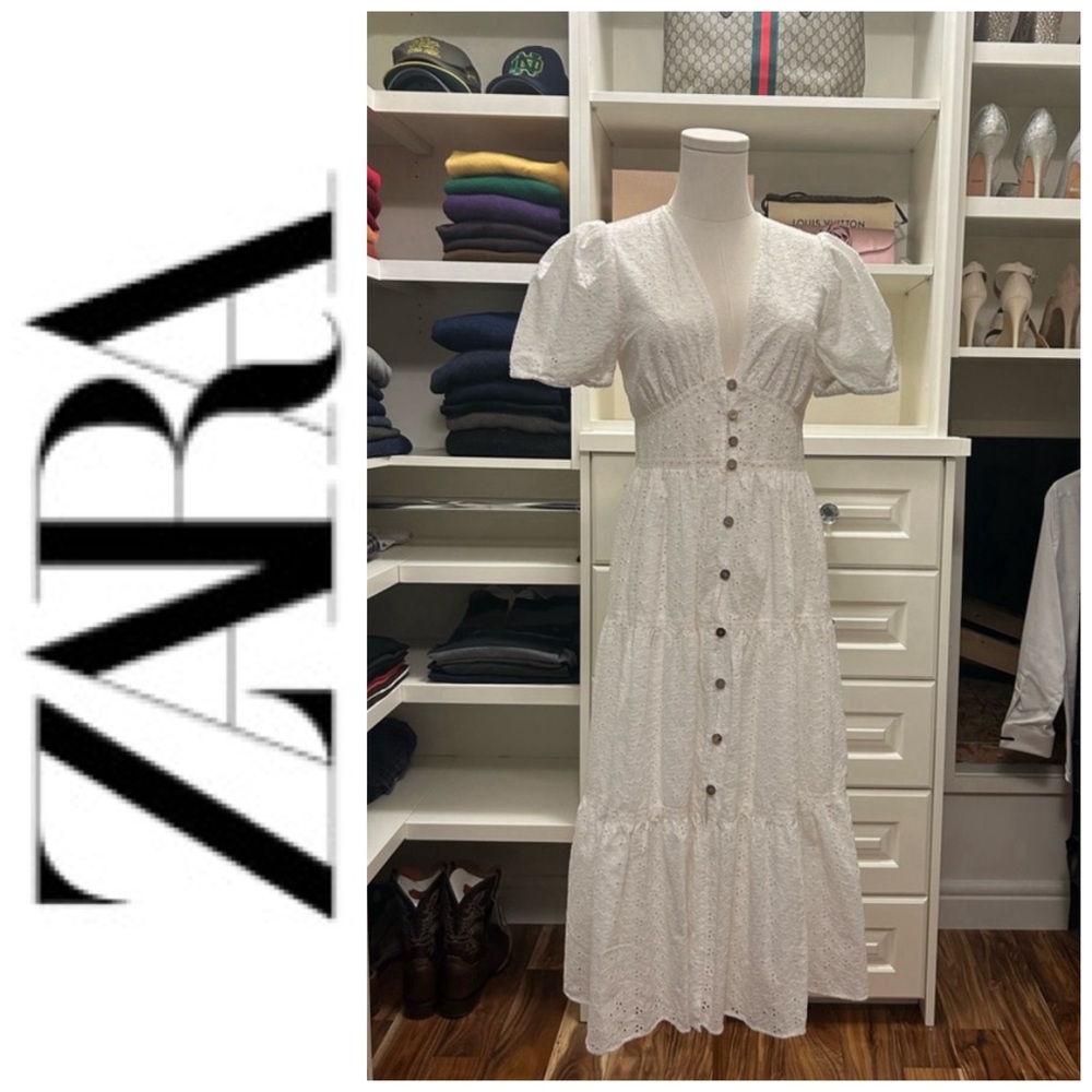 ZARA Short Sleeve Eyelet Button Front Tiered Midi Dress White
